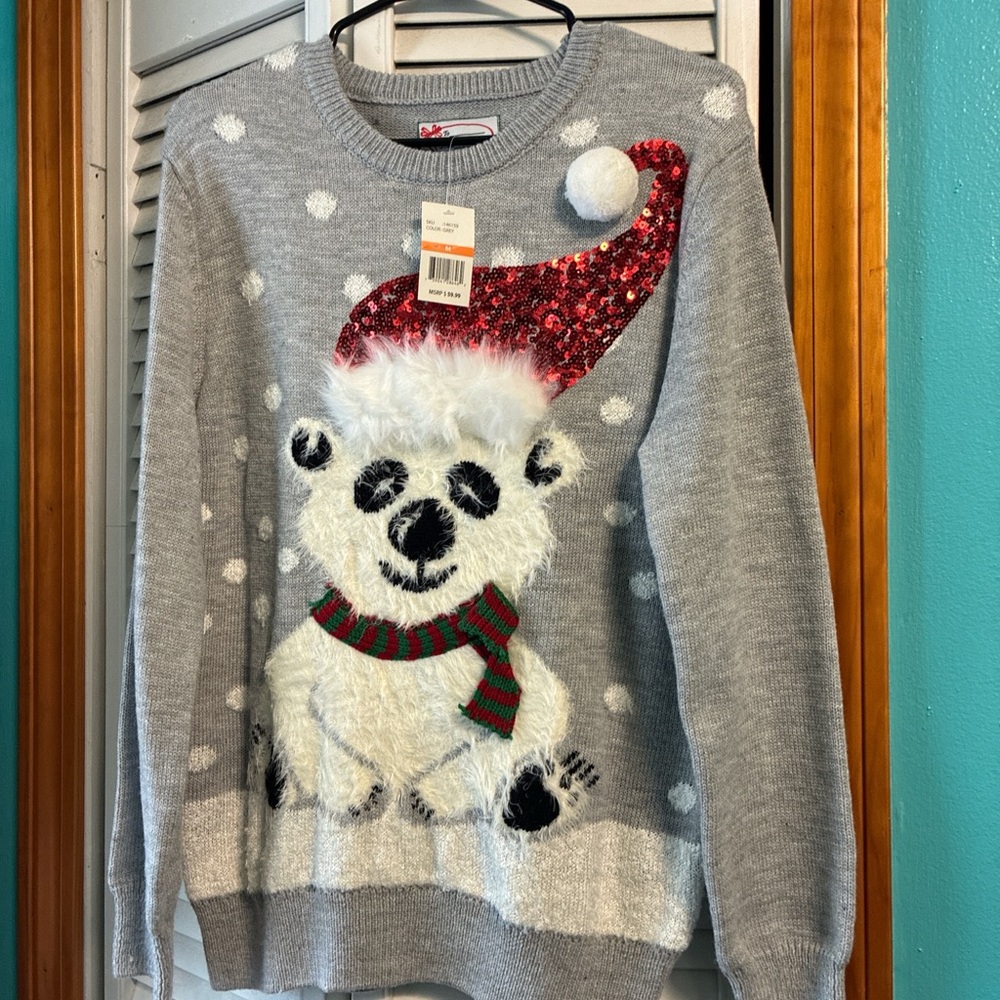 Holiday Time Gray Sweater with Red Sequin Hat